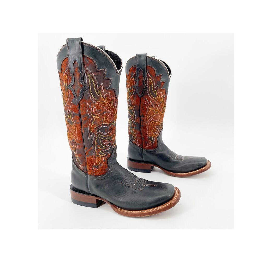 Lucchese Women’s 6 Black & Rust Leather Square Toe Western Cowgirl Boots